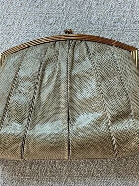 Vintage Classic Judith Leiber Kiss Lock Ivory Snakeskin Embossed Evening Bag